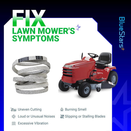 M110978 mower drive belt replacement guide showing symptoms of a faulty belt on a riding lawn mower.