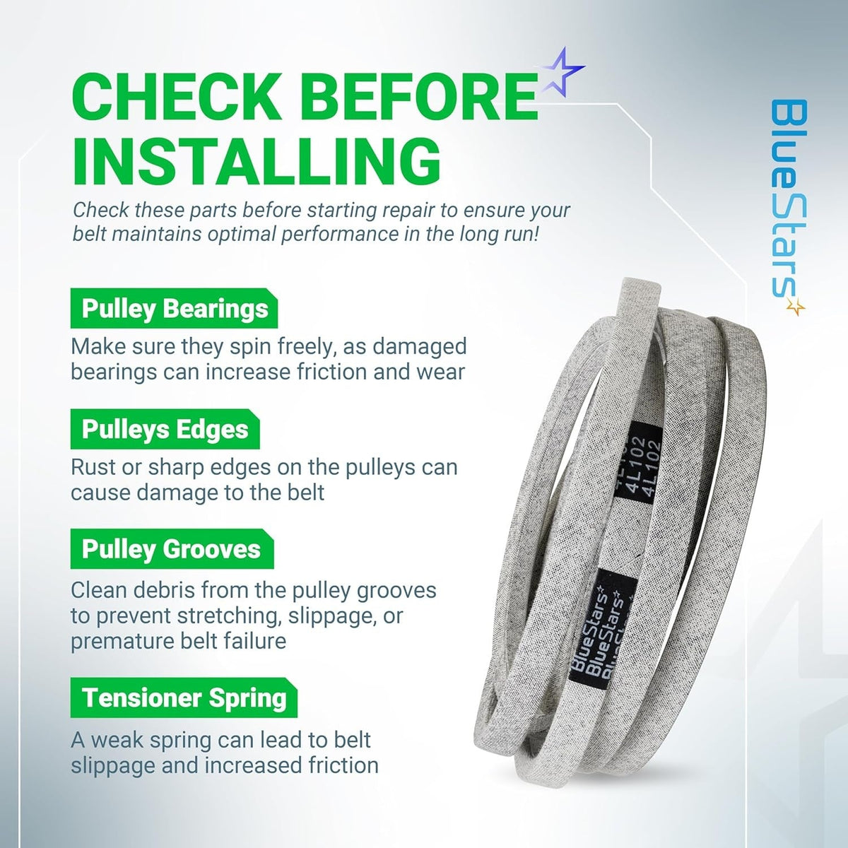 Informational graphic for M110978 mower drive belt showing installation tips for pulleys and tensioner springs.