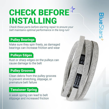 Informational graphic for M110978 mower drive belt showing installation tips for pulleys and tensioner springs.
