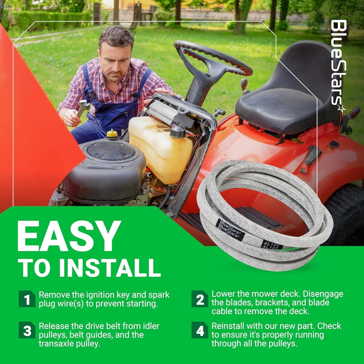 M110978 mower drive belt installation guide with step-by-step instructions for John Deere lawn mowers.