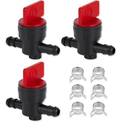 Pack of three 1/4 inch inline fuel shut off valves with six metal hose clamps for lawn mowers and tractors.