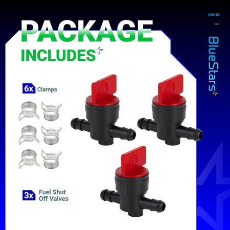 Three 1/4" inline fuel shut off valves and six metal clamps for lawn mower engines.