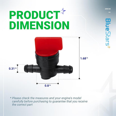 Dimension diagram of 1/4 inch inline fuel shut off valve for lawn mower engines.