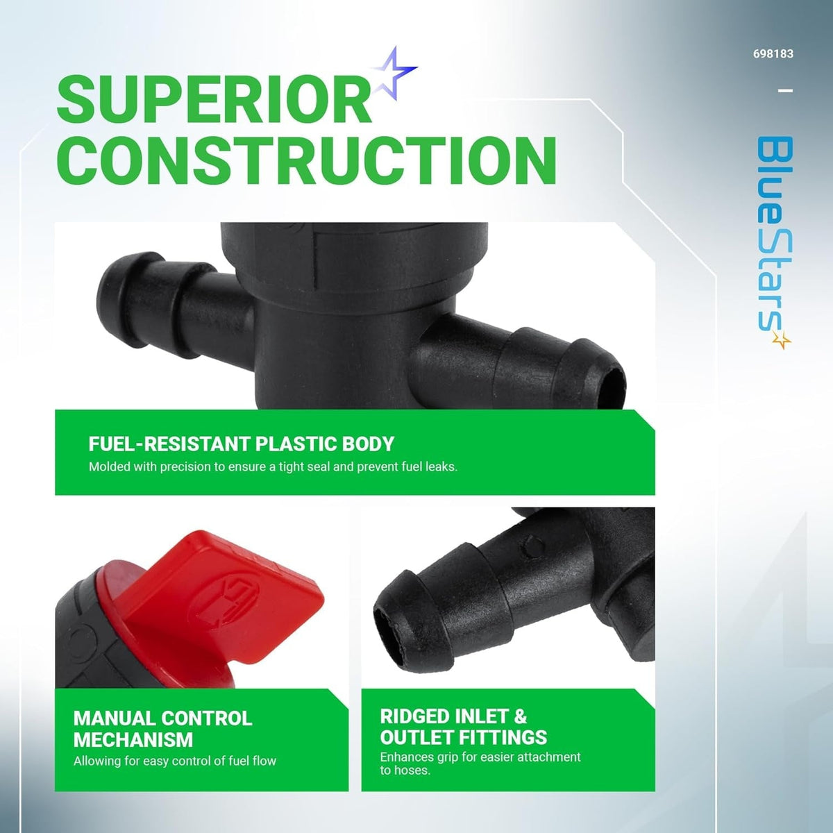 Infographic showing 1/4 inch inline fuel shut off valve features including plastic body, red control lever, and ridged fittin
