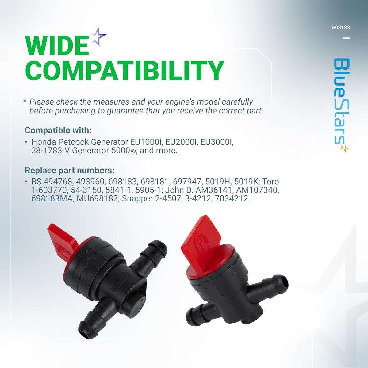 Two 1/4 inch inline fuel shut off valves with red handles and compatibility information chart.