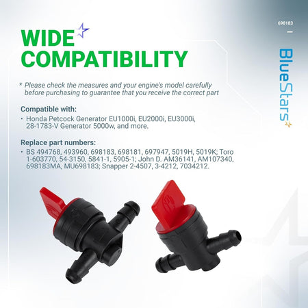 Two 1/4 inch inline fuel shut off valves with red handles and compatibility information chart.