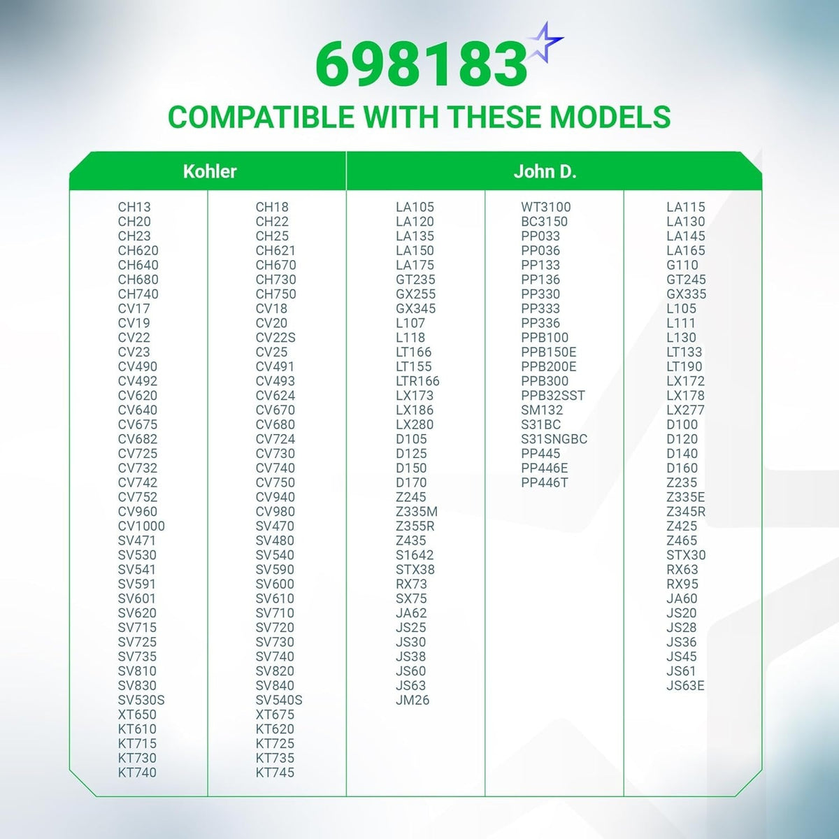 Compatibility chart for 698183 fuel shut off valve listing Kohler and John Deere mower engine models.