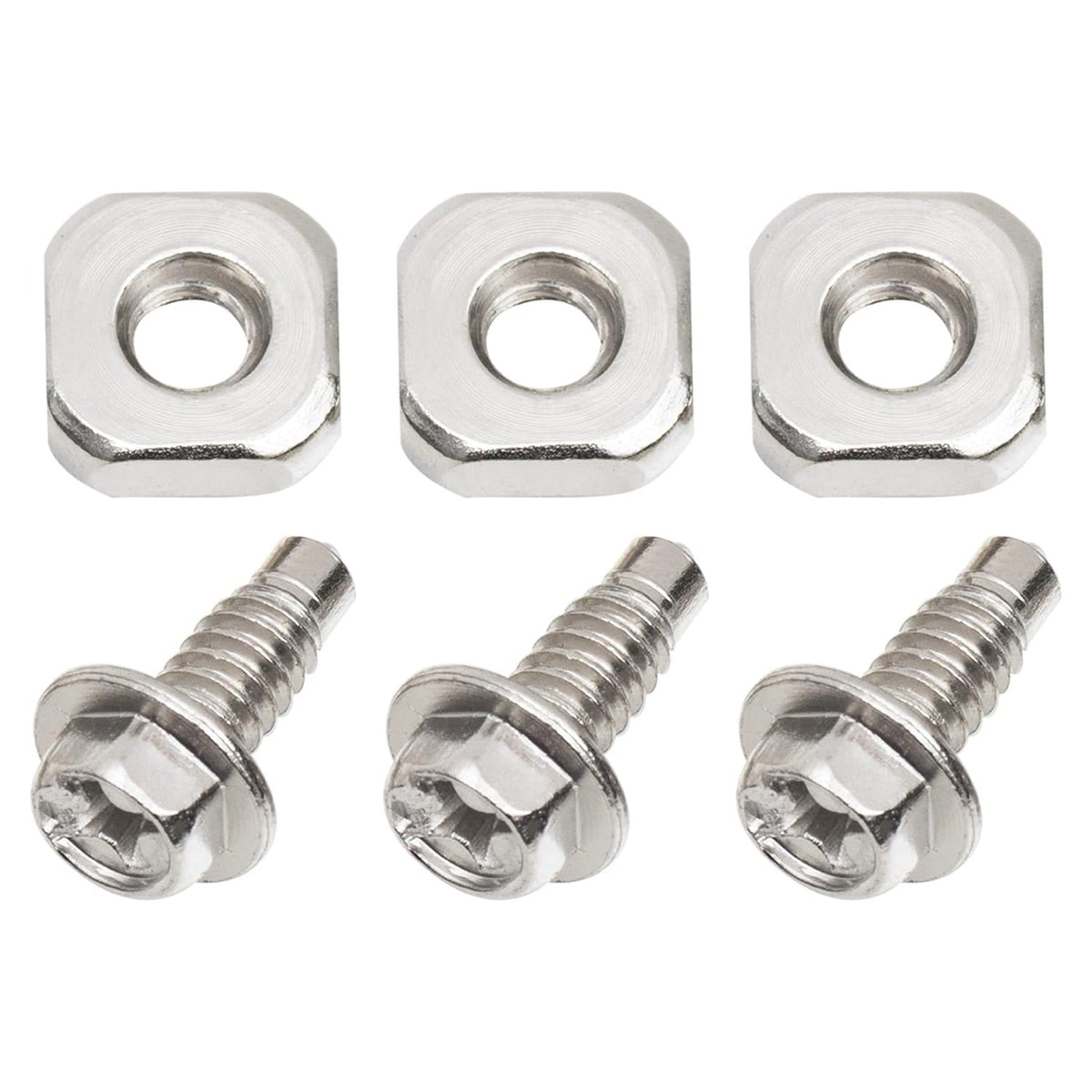 Three metal terminal block screws and three square nuts for Whirlpool and Kenmore dryers.
