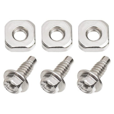 Three metal terminal block screws and three square nuts for Whirlpool and Kenmore dryers.