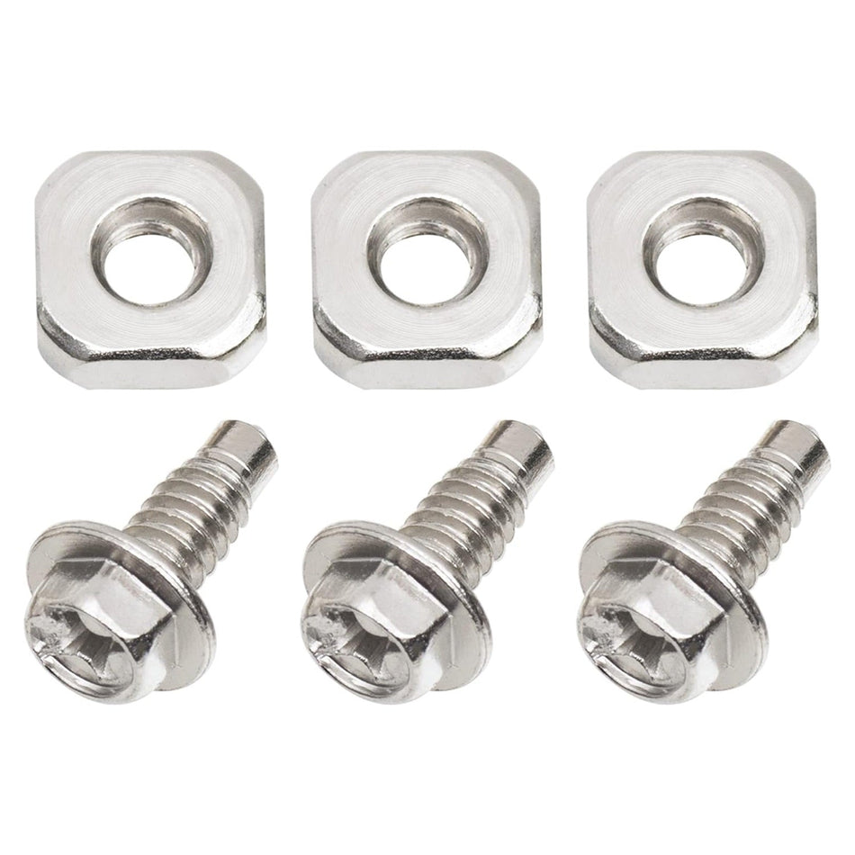 Three metal terminal block screws and three square nuts for Whirlpool and Kenmore dryers.