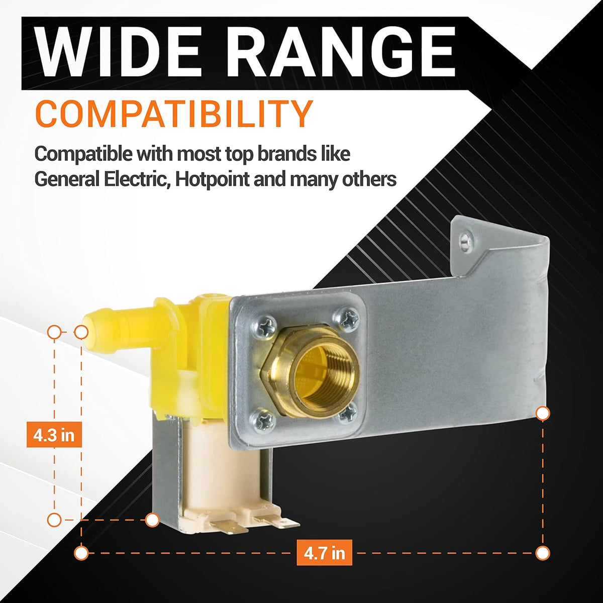 WD15X10014 dishwasher water inlet valve with mounting bracket and dimension labels for GE and Hotpoint dishwashers.
