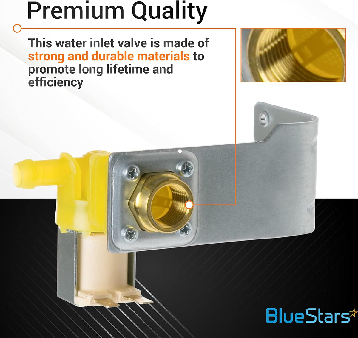 WD15X10014 dishwasher water inlet valve with mounting bracket and close-up of brass threaded connection.