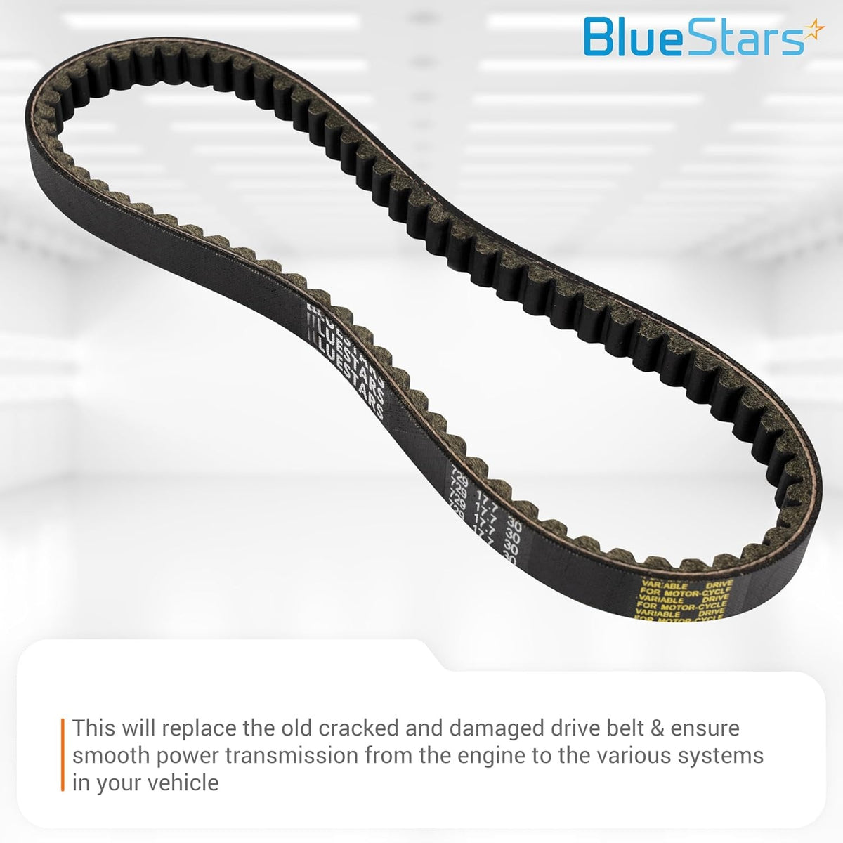 Black rubber racing CVT drive belt with ribbed design for smooth power transmission.