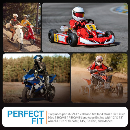 Collage showing a scooter, go-kart, motorcycle, and ATV with compatibility text for 669-18-30 racing CVT drive belt.