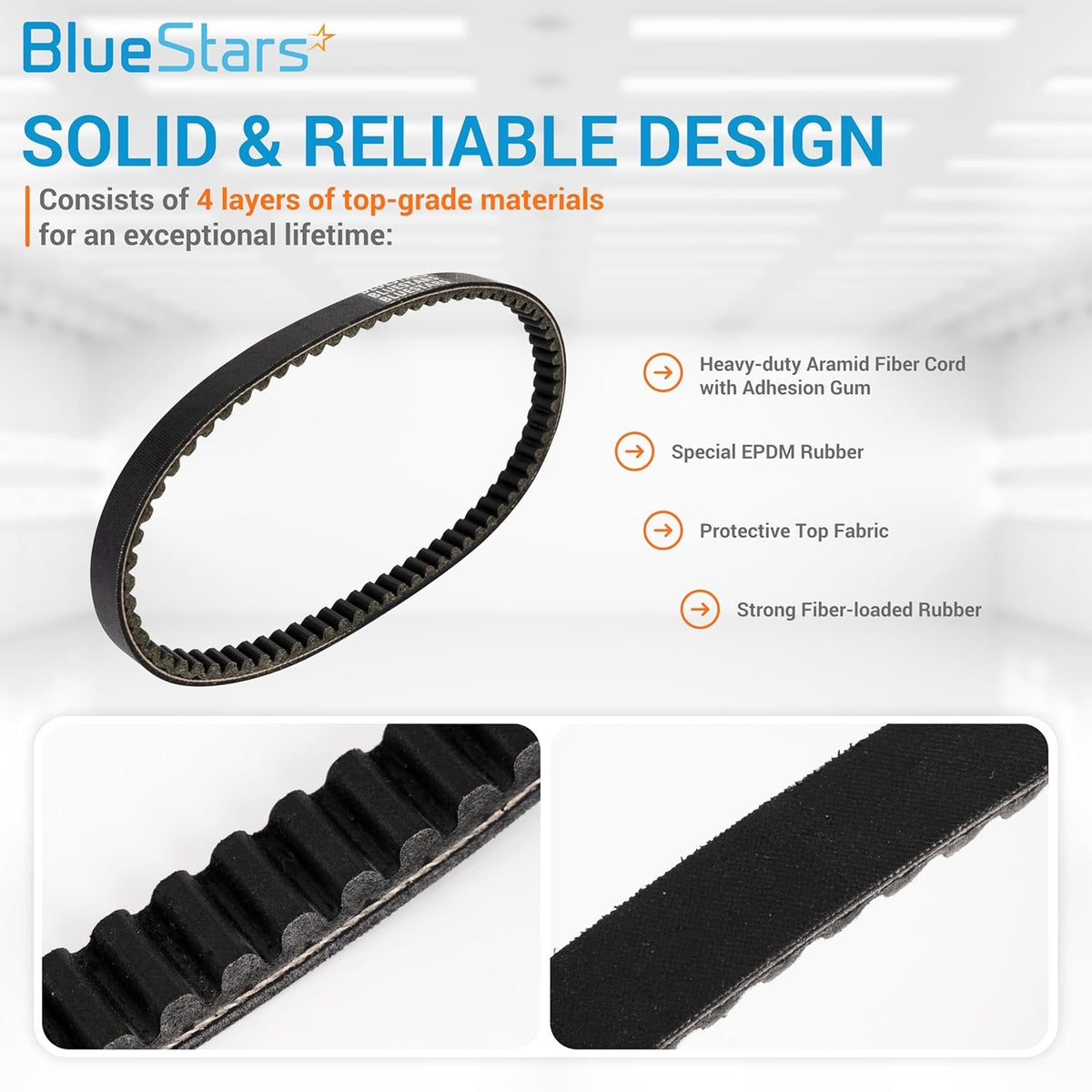 Infographic showing 669-18-30 Racing CVT Drive Belt construction with 4-layer material breakdown and close-up details.
