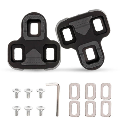 Pair of 0-degree float bike cleats compatible with Look KEO pedals, including mounting screws, washers, and hex key.