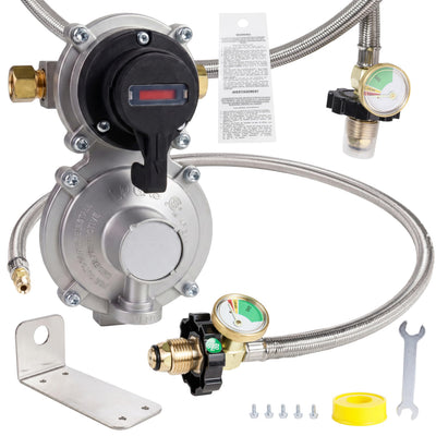 2-stage automatic changeover LP propane regulator with dual pigtail hoses, gauges, mounting bracket, and installation kit.