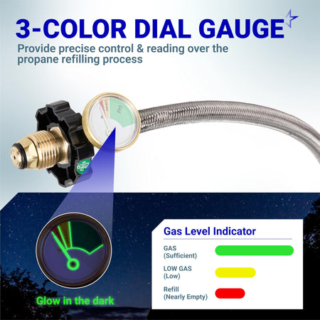 Propane tank hose with 3-color glow-in-the-dark dial gauge for precise gas level monitoring.