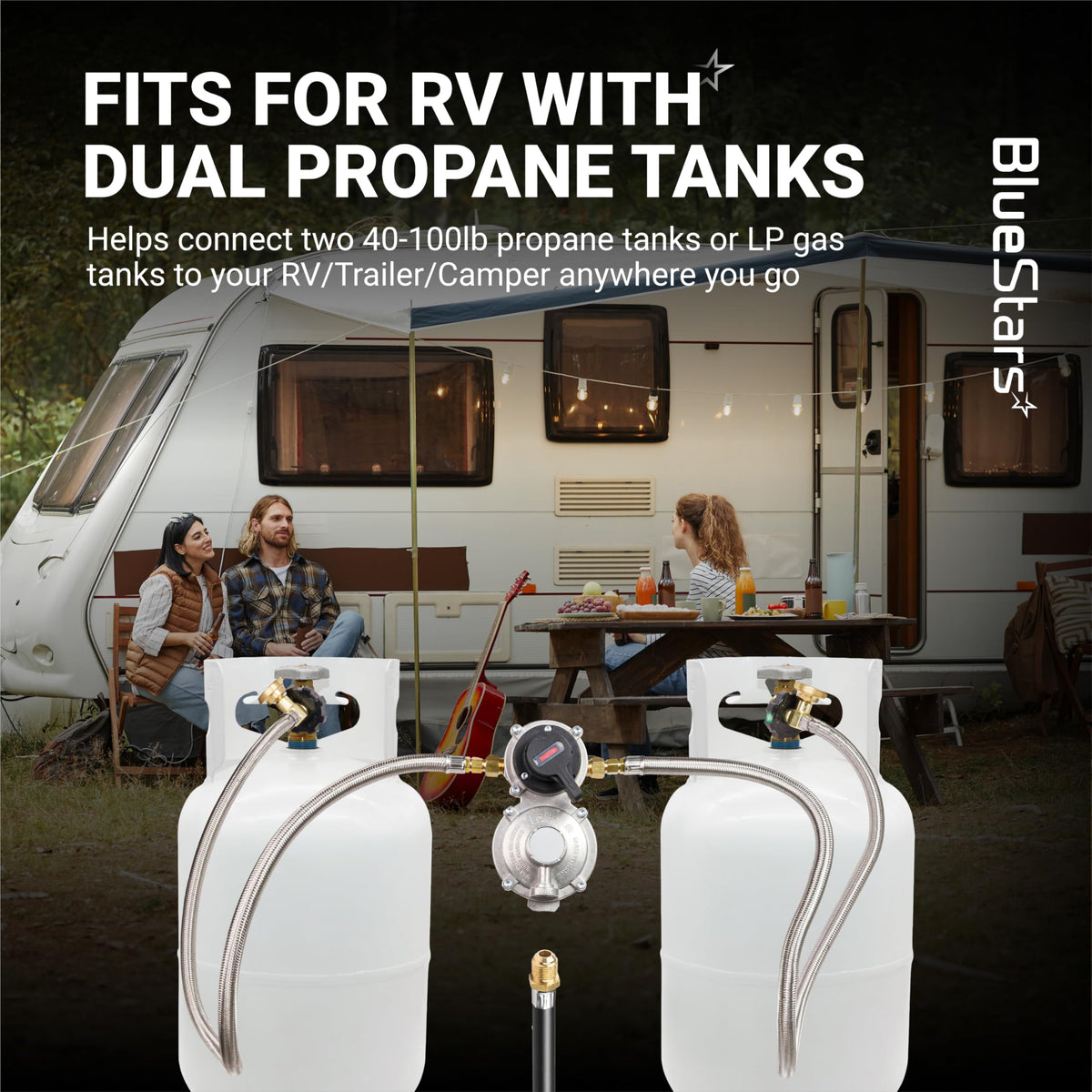 Dual propane tank connector kit with automatic changeover regulator for RVs, trailers, and campers.