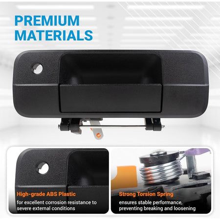 Black Toyota tailgate handle 69090-0C040 showing durable ABS plastic construction and torsion spring mechanism.