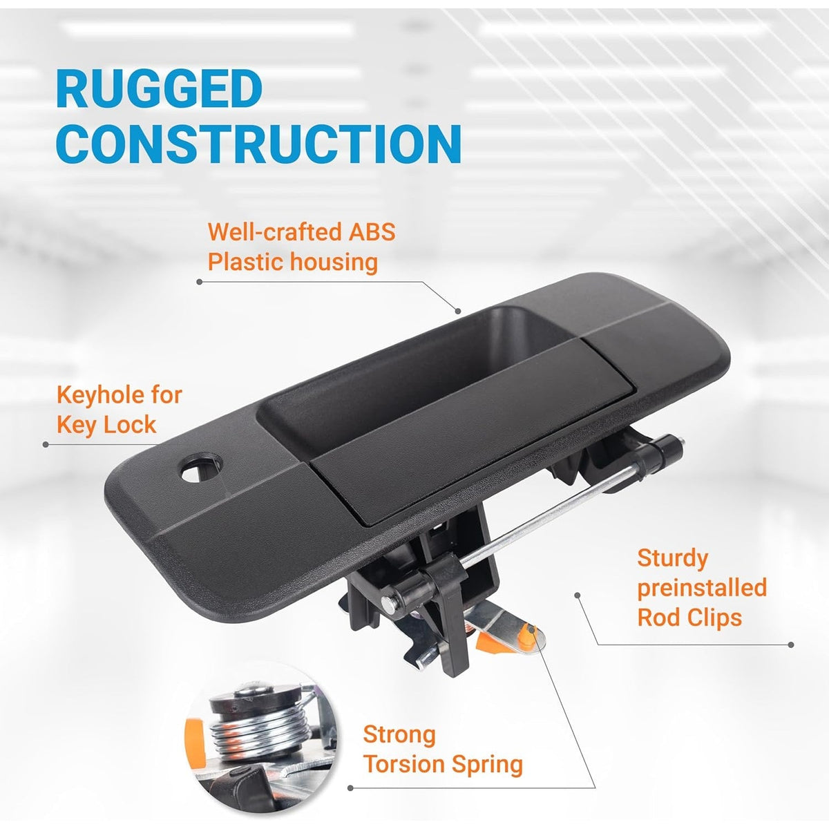 Toyota tailgate handle 69090-0C040 with labeled features including ABS housing, keyhole, rod clips, and torsion spring.
