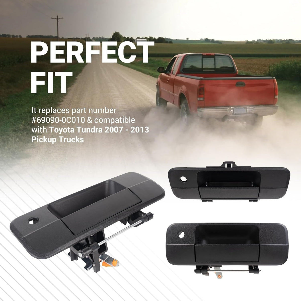 Black tailgate handle replacement for Toyota Tundra 2007-2013, showing multiple angles of the assembly.