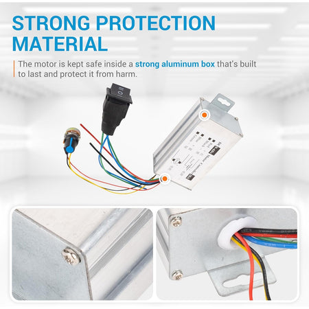 DC motor speed controller in a protective aluminum housing with wiring, switch, and potentiometer.