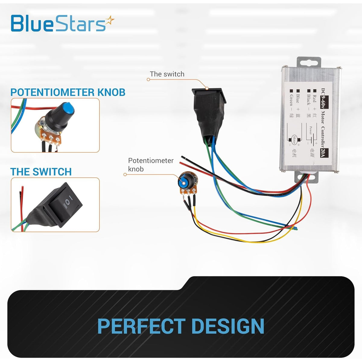 DC motor speed controller with potentiometer knob and power switch wiring diagram.