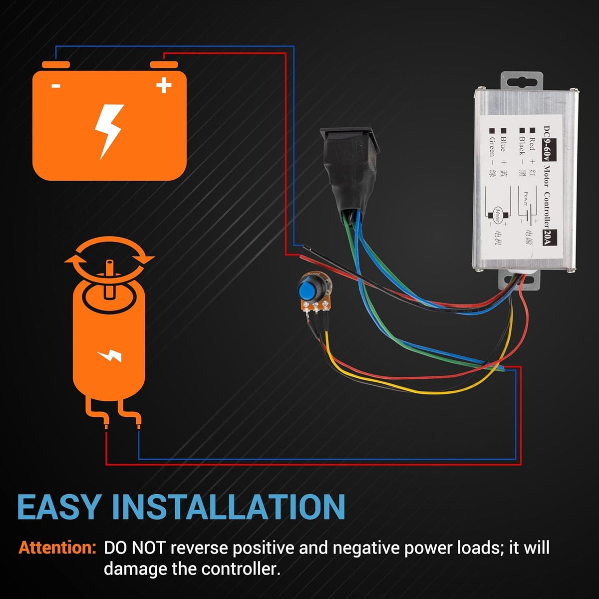 Wiring diagram for 9-60V 20A DC motor speed controller showing battery, motor, and potentiometer connections.