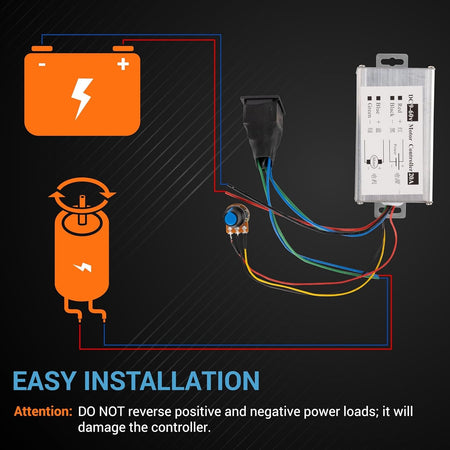 Wiring diagram for 9-60V 20A DC motor speed controller showing battery, motor, and potentiometer connections.