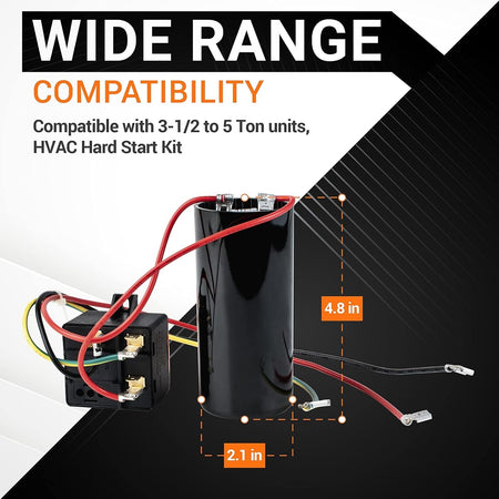 CSR-U2 hard start capacitor kit showing dimensions of 4.8 inches by 2.1 inches for 3.5 to 5 ton AC units.