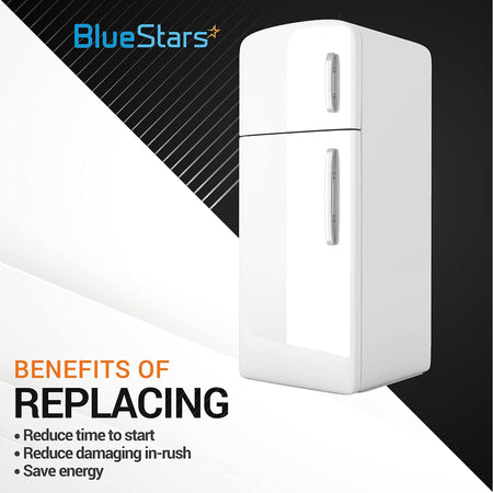 CSR-U2 hard start capacitor kit benefits graphic showing a white refrigerator and energy-saving advantages.