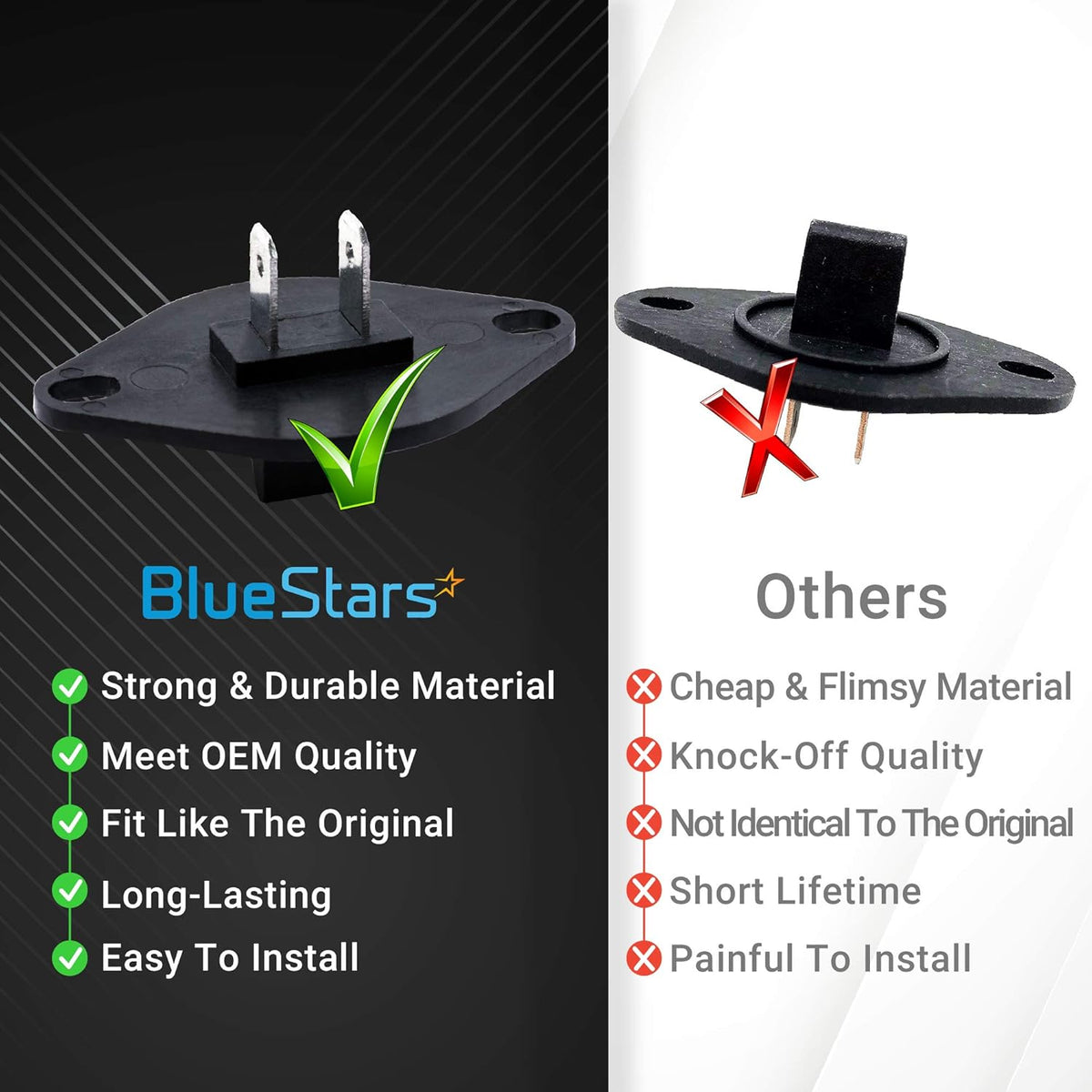 Comparison chart showing BlueStars 134587700 dryer control thermistor quality versus generic alternatives.