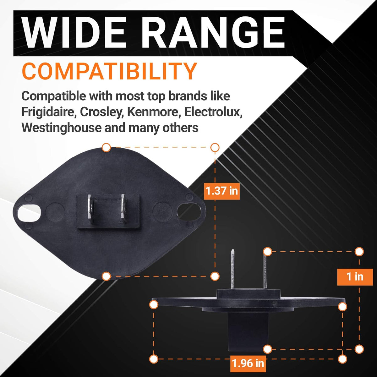 Infographic showing dimensions and compatibility for 134587700 dryer control thermistor.