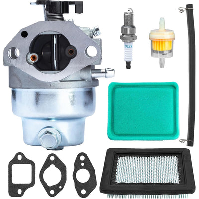 GCV160 carburetor maintenance kit including carburetor, air filters, spark plug, fuel filter, gaskets, and fuel line.