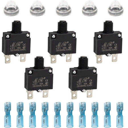 Five-pack of 15A thermal circuit breakers with protective caps and blue wire connectors.