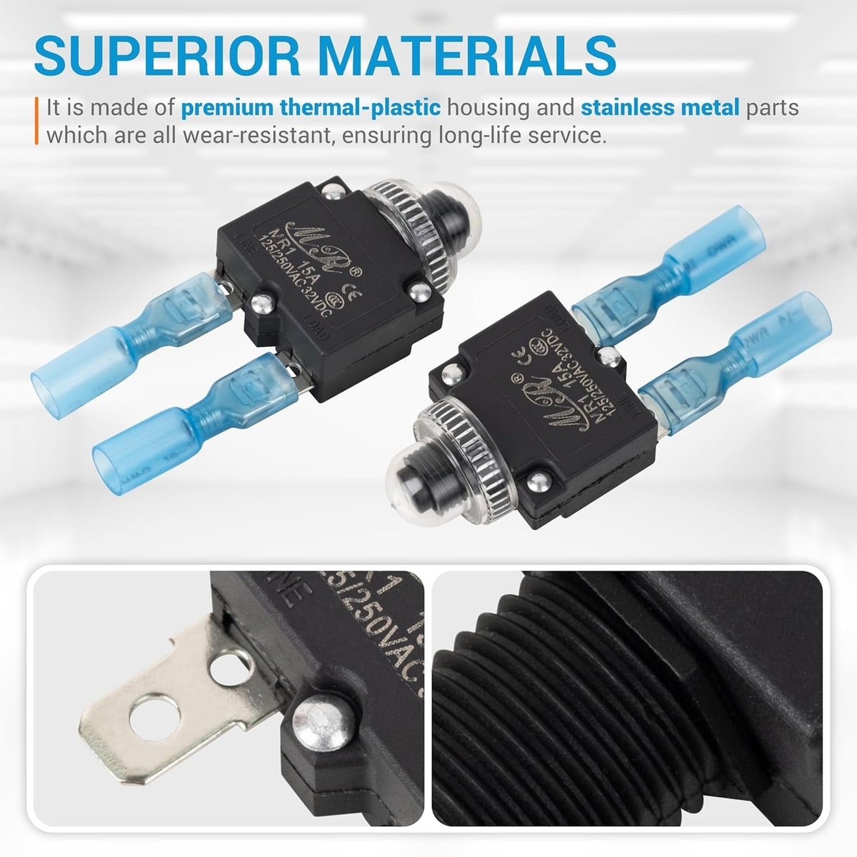Two 15Amp thermal circuit breakers with blue wire connectors and close-up views of the metal terminals and housing.