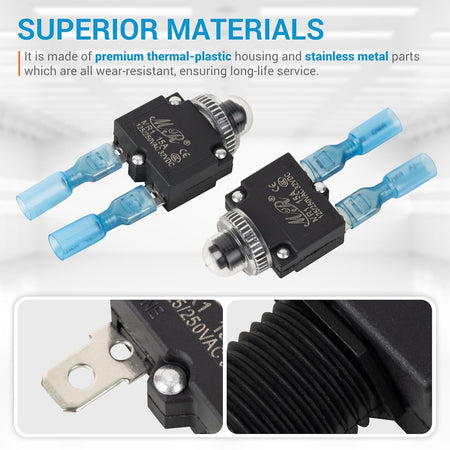 Two 15Amp thermal circuit breakers with blue wire connectors and close-up views of the metal terminals and housing.