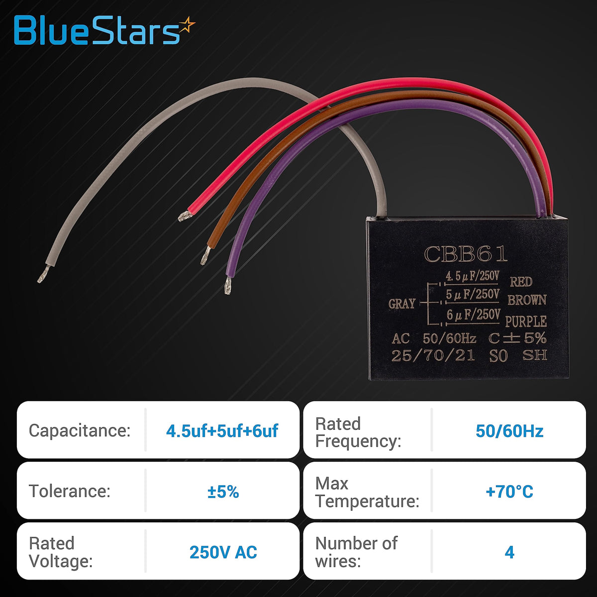 CBB61 4.5uf+5uf+6uf 4-wire ceiling fan capacitor with technical specifications chart.