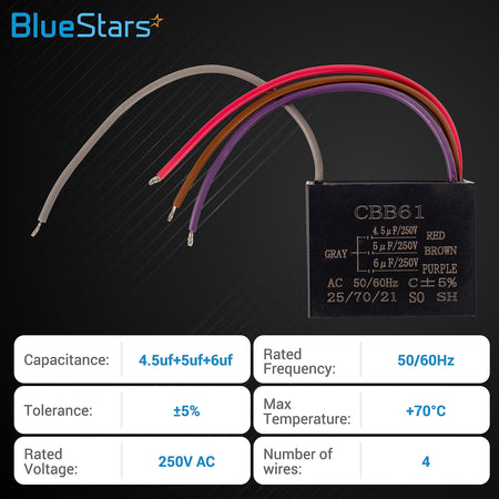 CBB61 4.5uf+5uf+6uf 4-wire ceiling fan capacitor with technical specifications chart.