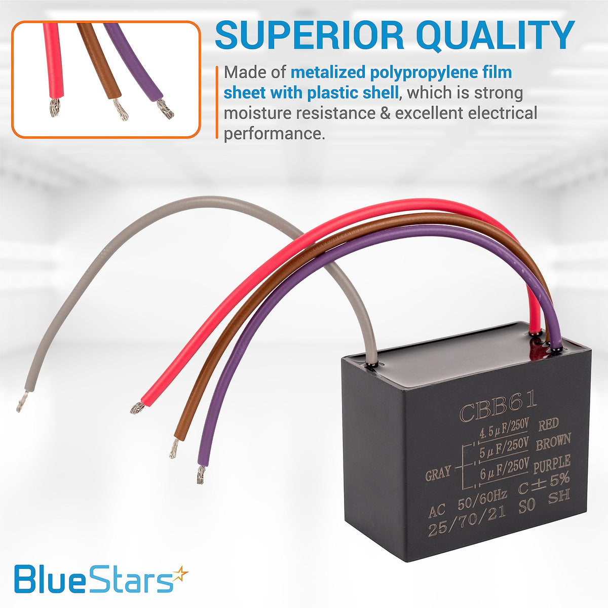 CBB61 4.5uf+5uf+6uf 4-wire ceiling fan capacitor with color-coded wiring diagram on casing.
