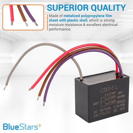 CBB61 4.5uf+5uf+6uf 4-wire ceiling fan capacitor with color-coded wiring diagram on casing.