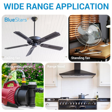 Collage showing ceiling fan, standing fan, water pump, and range hood applications for CBB61 capacitor.