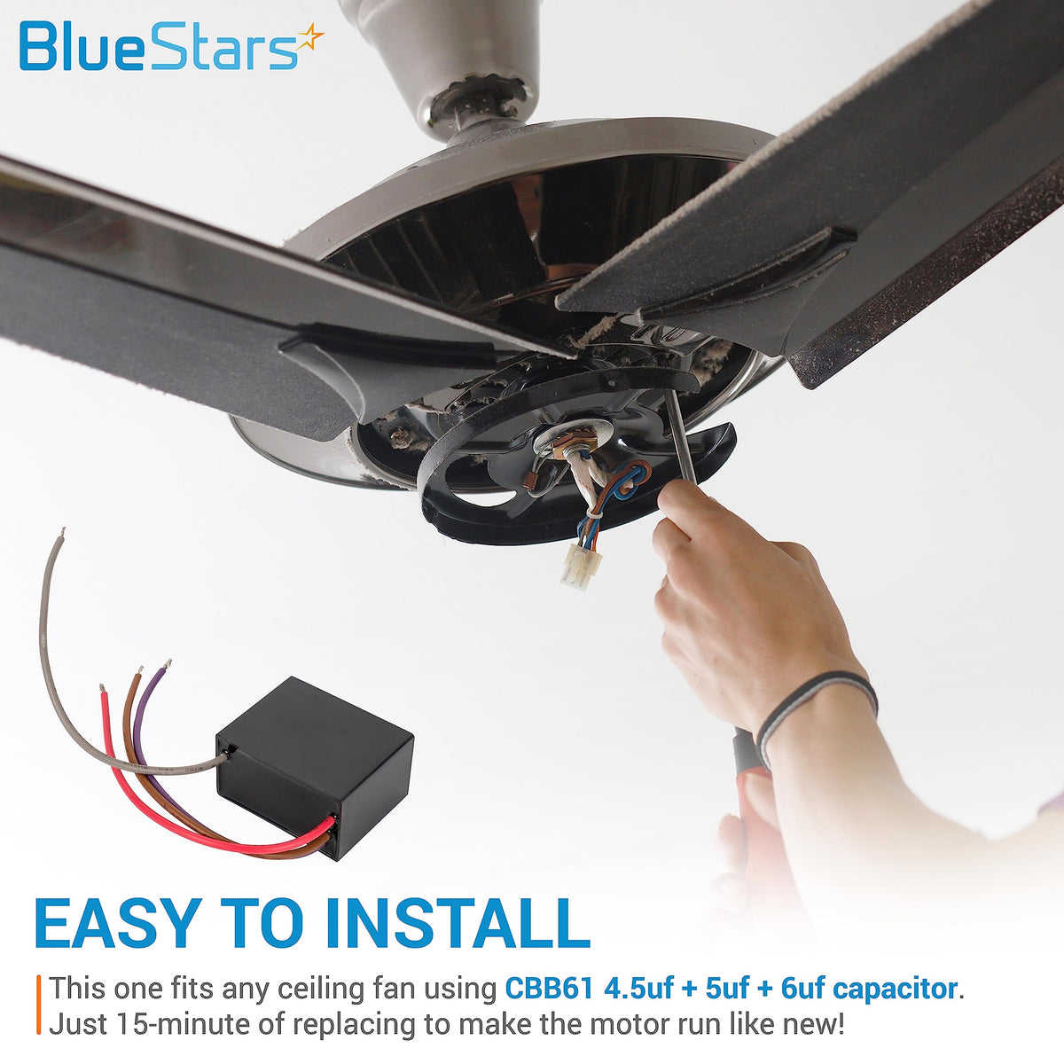 Hand installing a CBB61 4.5uf+5uf+6uf 4-wire ceiling fan capacitor into a fan motor housing.