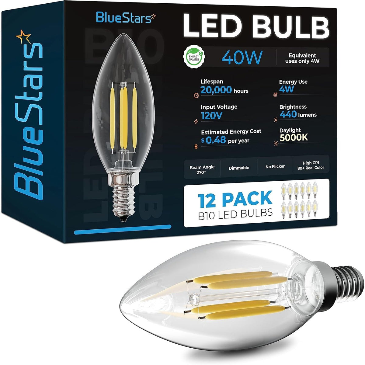 BlueStars 4W B10 E12 dimmable LED filament bulb in front of its 12-pack retail packaging box.