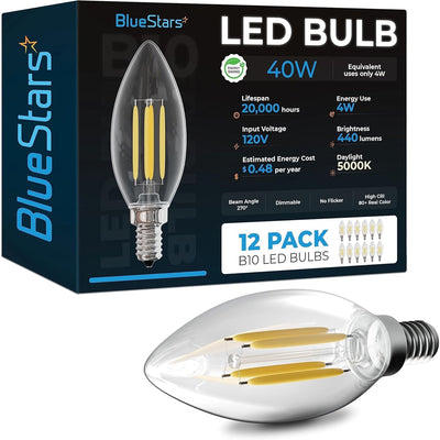 BlueStars 4W B10 E12 dimmable LED filament bulb in front of its 12-pack retail packaging box.