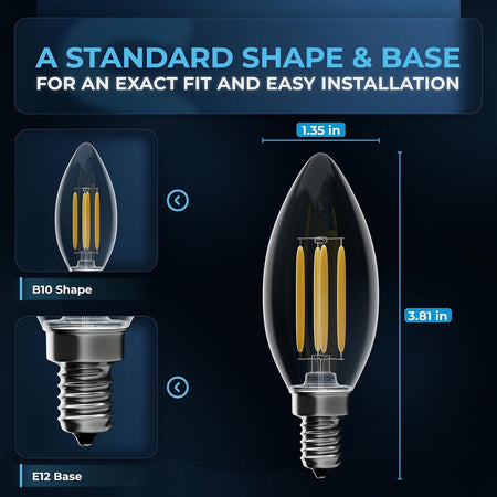 Diagram showing dimensions of 4W B10 LED bulb with E12 base, measuring 1.35 inches wide and 3.81 inches tall.