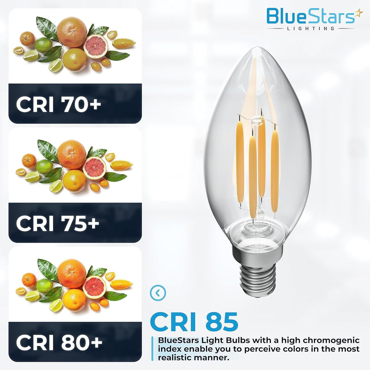 Single 4W B10 E12 dimmable LED bulb showing high CRI 85 color rendering comparison chart.