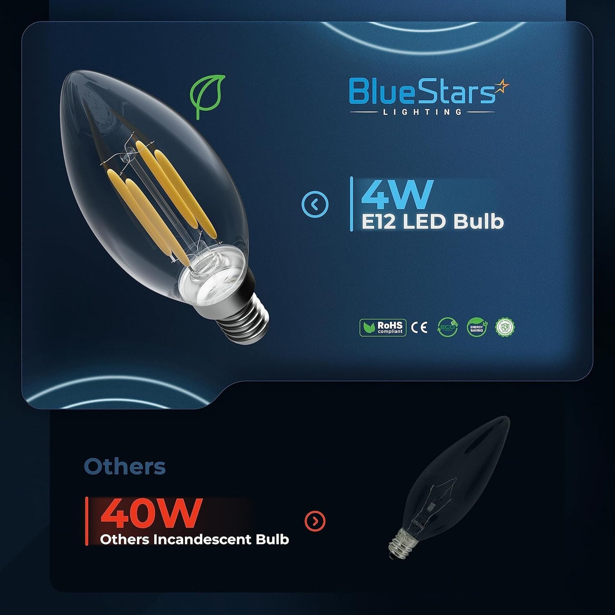 Single 4W B10 E12 dimmable LED filament bulb shown in a product comparison graphic.