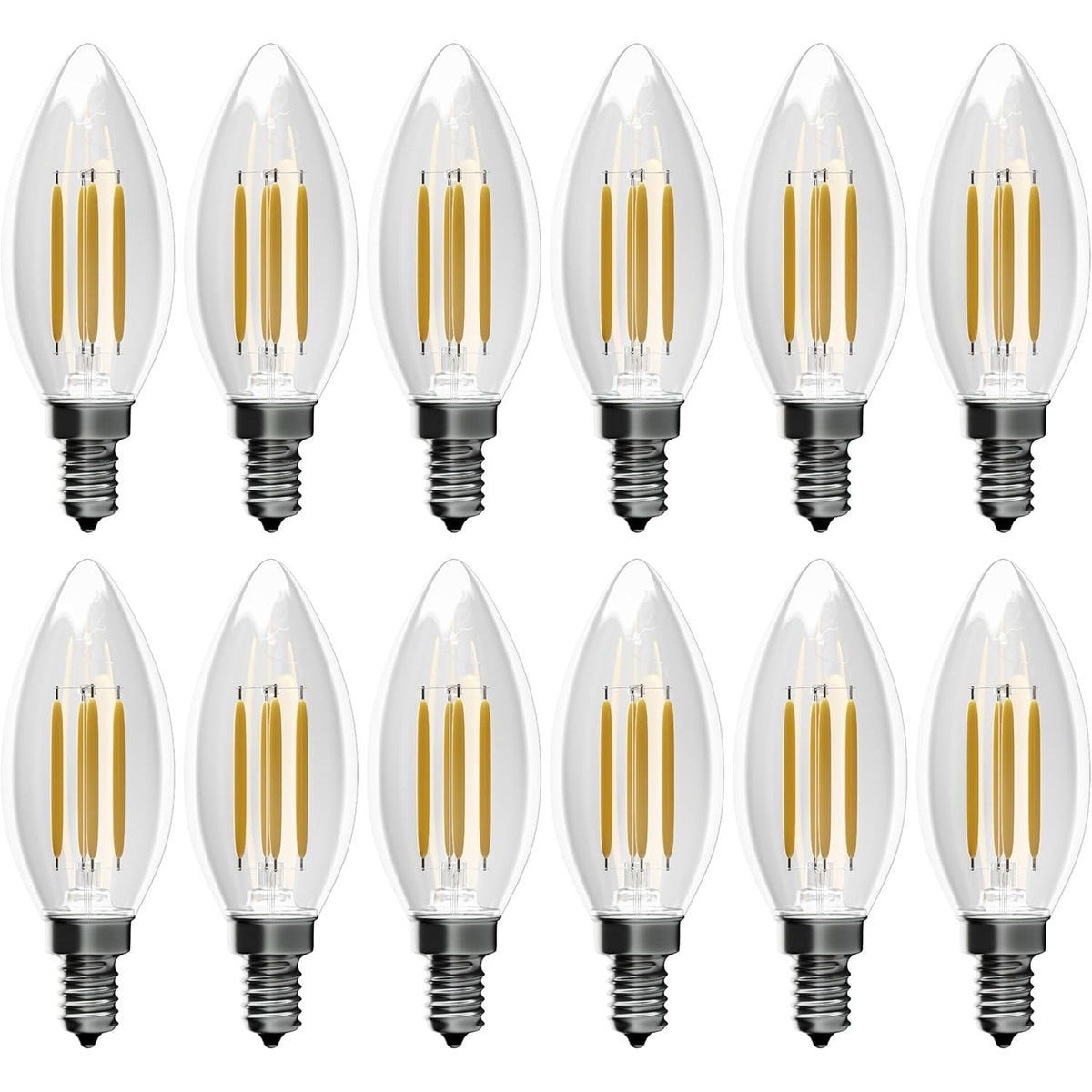 Pack of 12 dimmable 4W B10 E12 LED filament candle bulbs arranged in two rows.